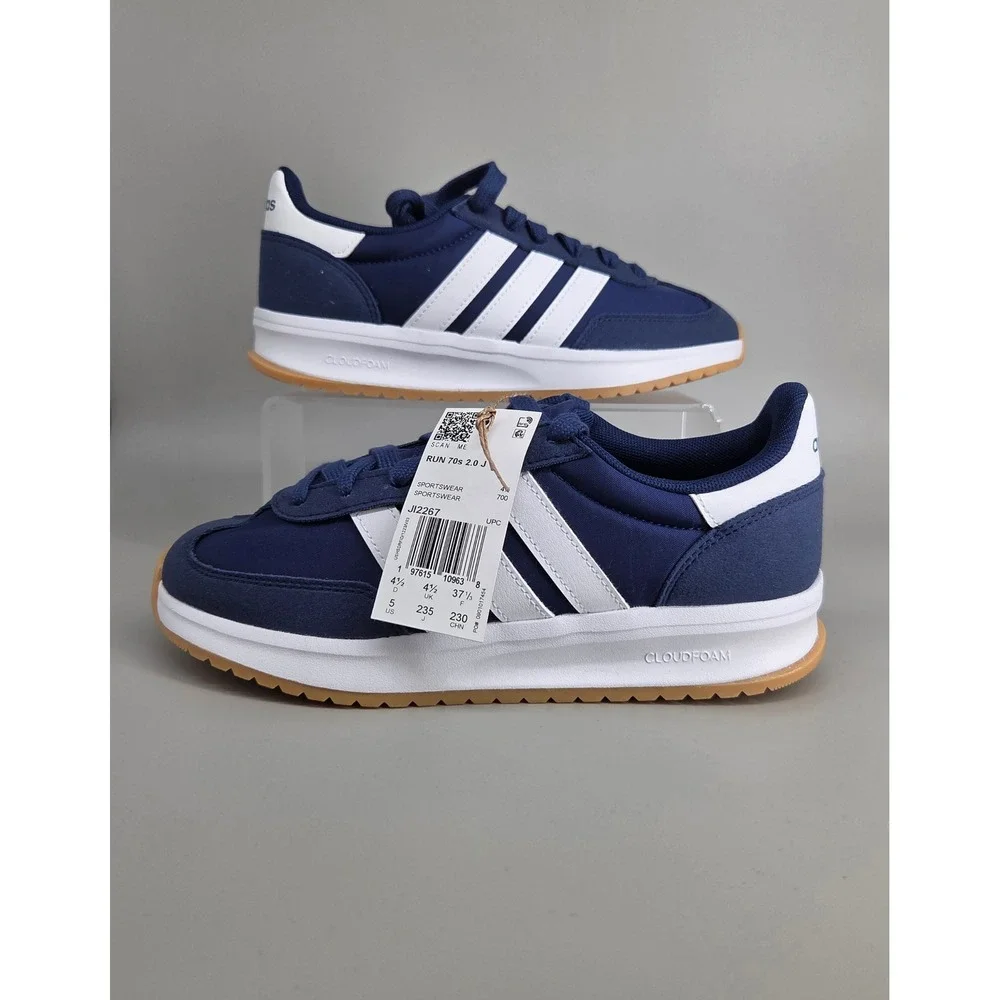 Adidas Run 70s 2.0 J Sneakers Kid Size 5 Navy White Retro Sporty Cloudfoam Shoes